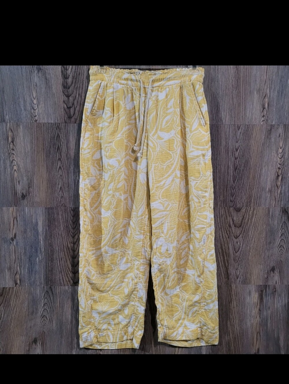 Old Navy Yellow Tropical Floral Linen Blend Barrel Drawstring Pants 2XL